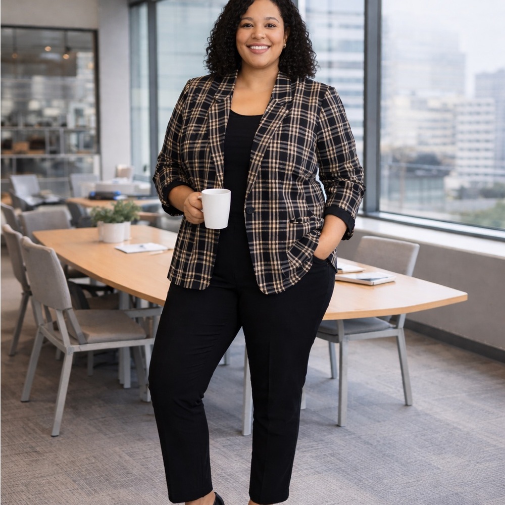 Requirements Woman Plaid Blazer Size 20W Black Beige Linen Rayon Business Casual